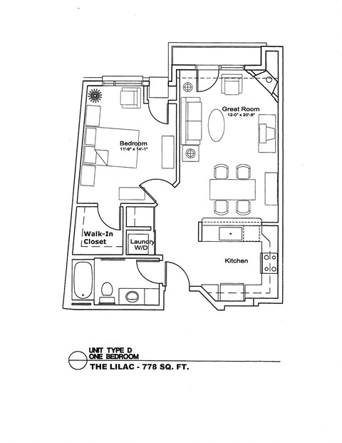 Floor plan for 1 bed, 1 bath, 752 sqft